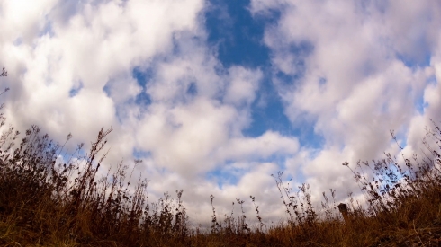 Clouds over dry grass. Fisheye lens Time Lapse