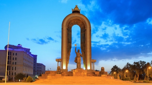 Ismoil Somoni Monument. SunSet. Time Lapse. 14 August 2014, Dushanbe, Tajikistan. 