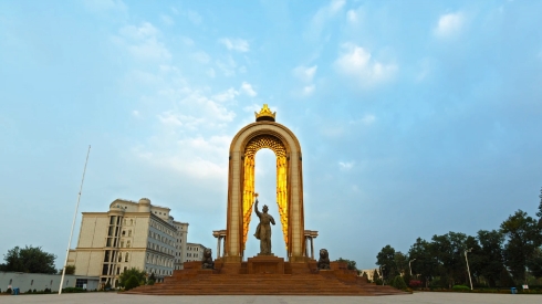 Ismoil Somoni Monument. SunSet. Time Lapse. Dushanbe, Tajikistan.